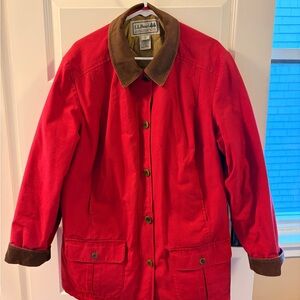 L.L. Bean Men's Vibrant Red Barn Jacket with Brown Trim
